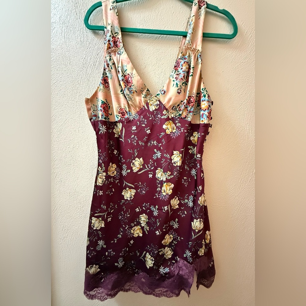 Free People Two-Tone Floral Satin Slip Dress in Burgundy and Blush